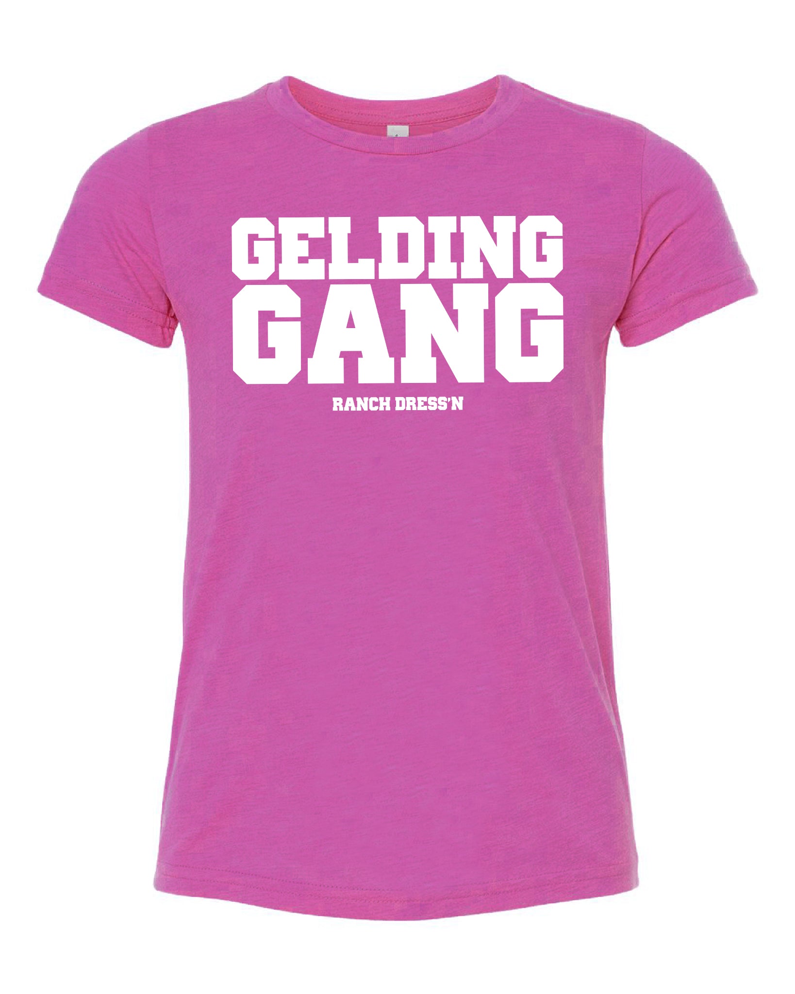 Youth gelding gang - heather magenta t-shirt.